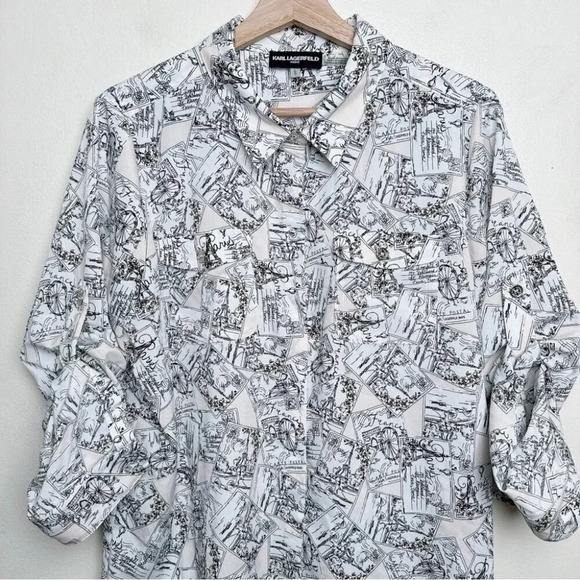 Karl Lagerfeld Womens Size Large Paris Whimsical  Roll Sleeve Blouse - Picture 5 of 15